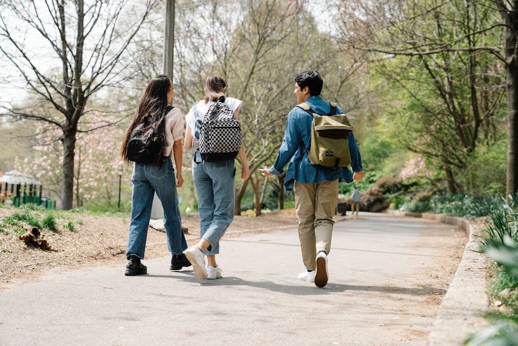 Three friends walking and talking in a sunny park, showcasing a peaceful outdoor setting.